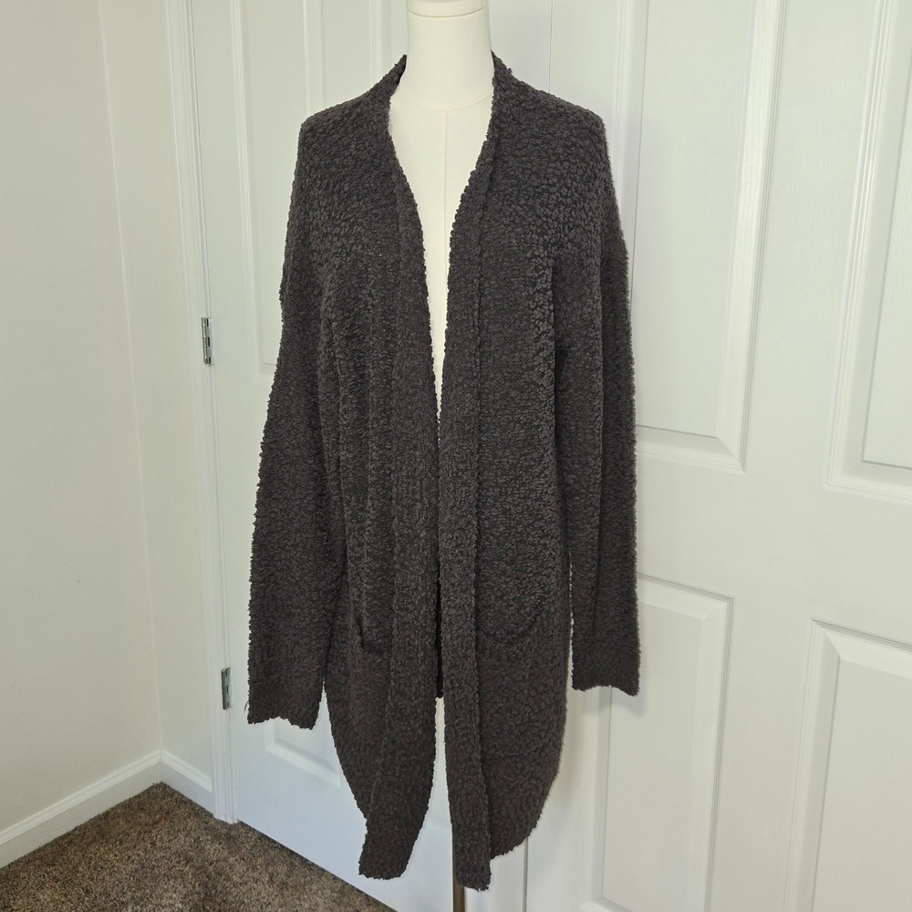 Entro Cardigan Women 1X Gray Popcorn Knit Longline Open Front Pockets Sweater